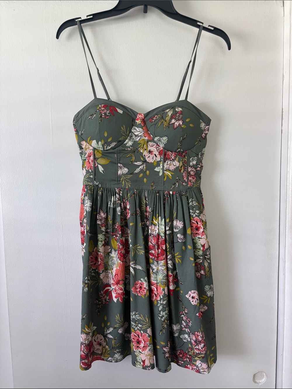 Floral Bustier Dress with pockets in Olive Green with Pink Accents